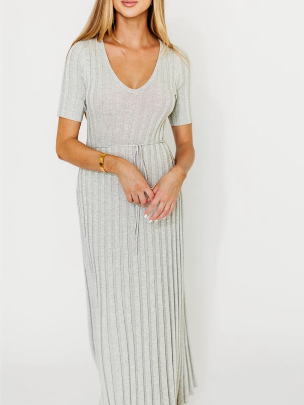 V-Neck Ribbed Maxi Dress in Light Gray with Tie Waist